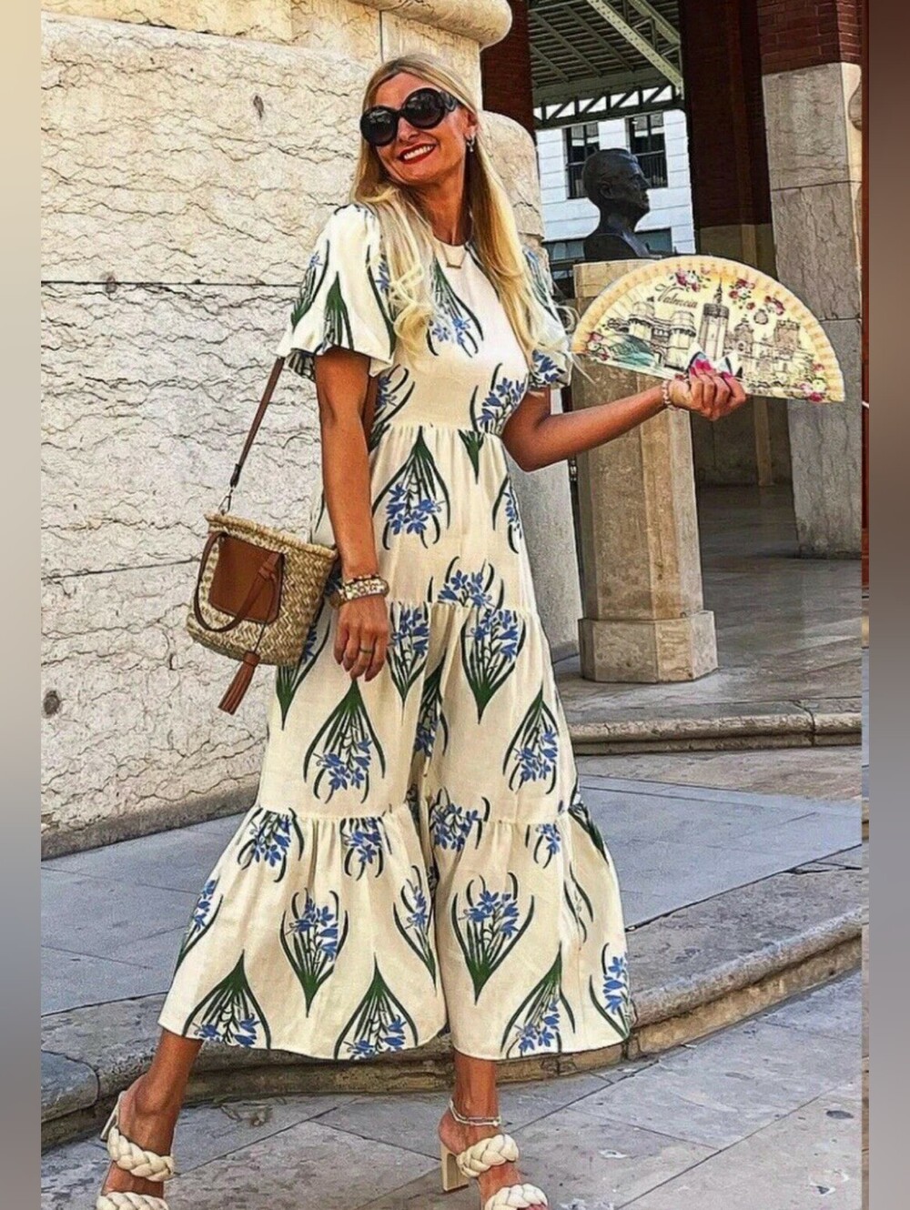 Zara Cream Linen Blend Tiered Maxi Dress with Blue & Green Print. Sz.XXL NWT
